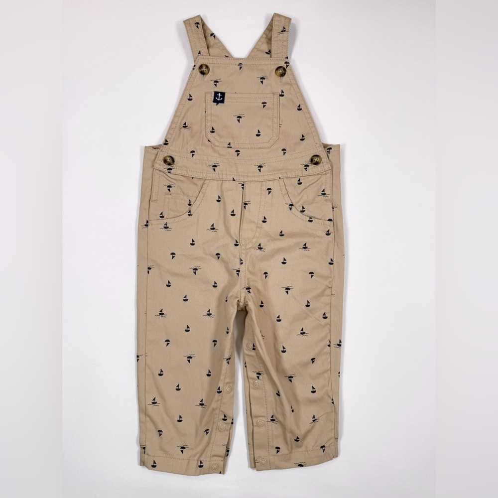 CARTER’S Just One You Baby Boys Sailboat Print Overalls Khaki Nautical Size 12M